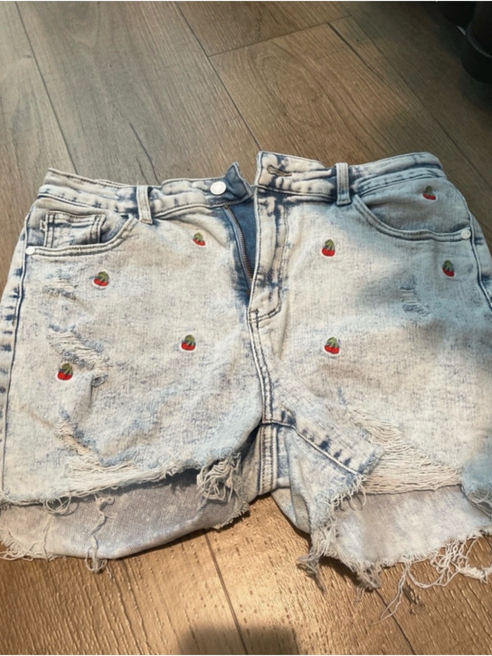 Judy Blue Light Blue Distressed Denim Shorts with cherry 🍒 Embroidery